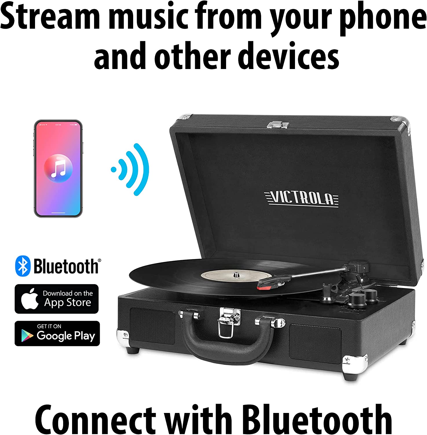 Victrola VSC-550BT-BLK Bluetooth Wireless Suitcase Turntable 3 Speed (Black)