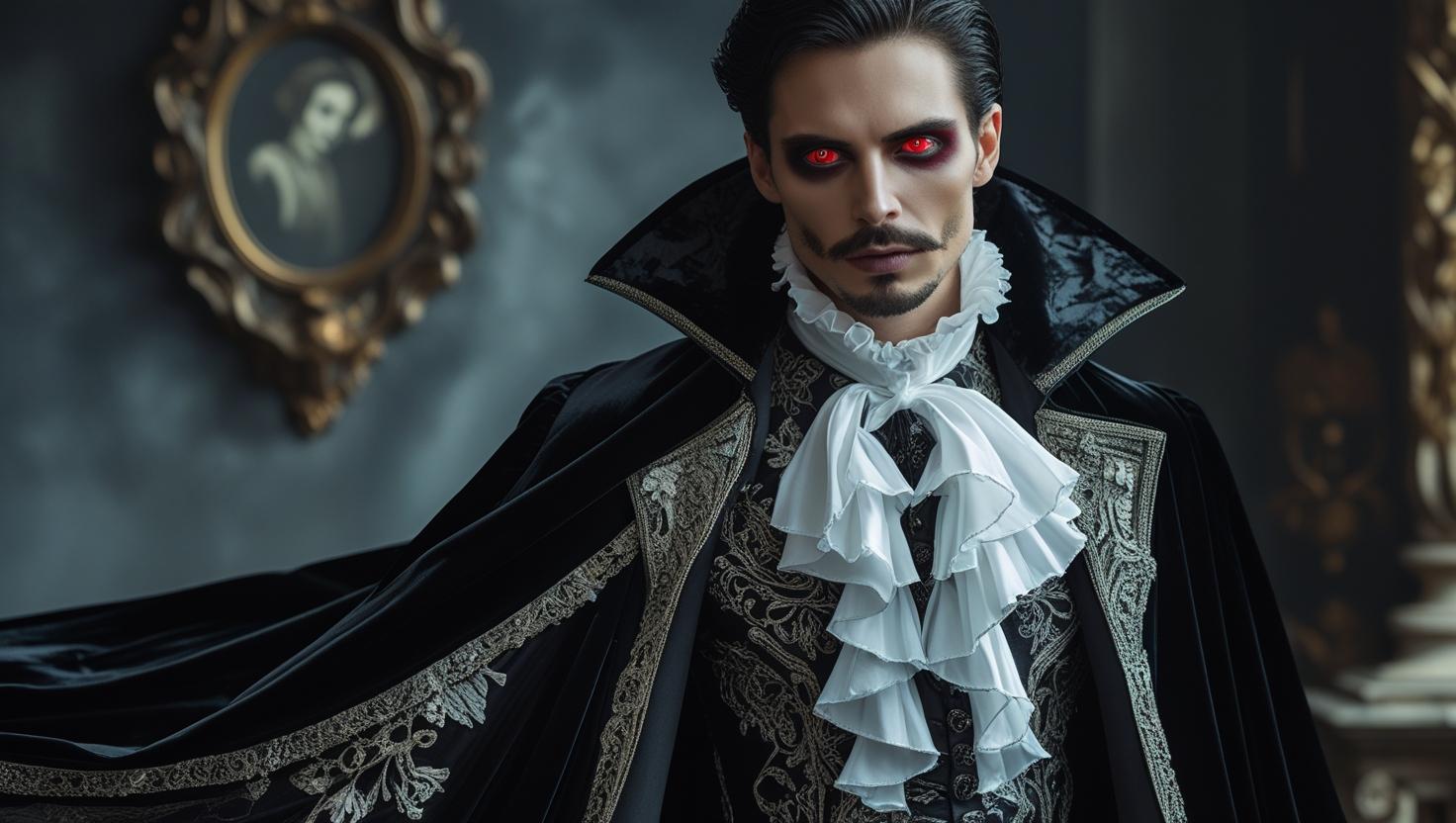 Vampire victorien _ avec cape, chemise à jabot et lentilles rouges.