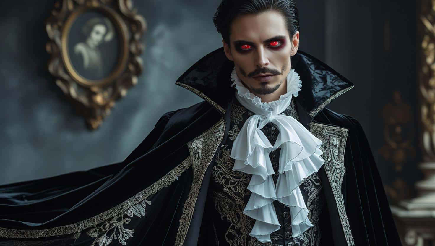 Halloween 2025 : Le guide complet des meilleurs déguisements 2 Vampire victorien _ avec cape, chemise à jabot et lentilles rouges.